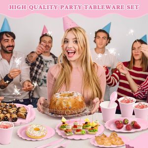 Nouvel ensemble de vaisselle jetable en papier rose en dentelle pour fête d'<span class=keywords><strong>anniversaire</strong></span> de fille, couleur unie, 175 pièces, assiettes en papier, gobelets en papier, serviettes en papier - Product Image 3