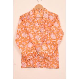 100% pijamas indios de algodón puro para mujer, ropa de dormir de Otoño de lujo, suave y transpirable con estampado de bloque de mano único, uso diario - Product Image 4