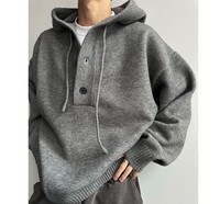 Pull tricoté à capuche pour homme, coupe ample et décontractée, demi-boutonné, tendance automne-hiver
