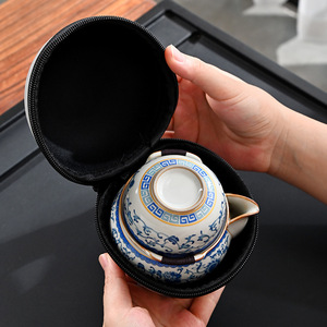 <b>Floral</b> Ceramic <b>Teapot</b> With Three Cups Travel Tea Set Portable Outdoor Use Dehua Origin Luxury Retro Style - Product Image 3