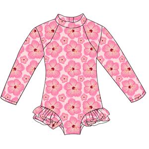 Maillots de bain pour filles en gros ODM/OEM, imprimé floral hawaïen personnalisé, manches longues, fermeture éclair au dos, maillot de bain une pièce, bikini d'été pour enfants - Product Image 2