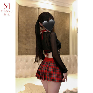 Lencería sexy Manyu para mujer, conjunto de uniforme escolar a cuadros de tres piezas con cuello halter, venta al por mayor 9644 - Product Image 3