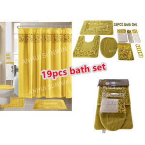 Koleksi mewah 18/19 buah SET keset kamar mandi bordir 1 tirai mandi tahan air 3 karpet 12 kait 3 buah handuk - Product Image 4