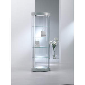 ตู้โชว์กระจกนิรภัยทรงกลม 65x44x190 ซม. สีเทาอ่อน ชั้นวางโค้งพร้อมประตูล็อคแบบบานพับและไฟ LED - Product Image 1