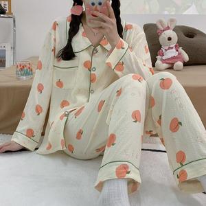 Style coréen fraise pêche mode vent pyjamas à manches longues femme printemps et automne nouveau petit revers costume décontracté vêtements de maison - Product Image 1