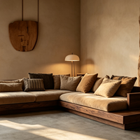 Nouveau design, best-seller : Ensemble de canapés modulables en L style Wabi Sabi, en coton et bois massif, pour hôtel, bureau, salle à manger et salon