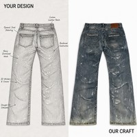 Jeans amples personnalisés pour hommes, style urbain, en denim mi-lourd, effet métallisé argenté, enduit de cire, tie-dye, vintage, déchiré, OEM