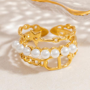 Anillo de perlas para mujer, cadena de oro, diseño de estrella, estilo abierto, regalo de joyería ajustable - Product Image 1