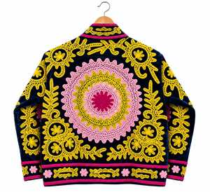 <b>Women's</b> Navy Blue <b>Velvet</b> Embroidered Bomber Jacket Pink V-neck Long Sleeve Cotton Lining Breathable Quick Dry Winter Fashion B2B - Product Image 6