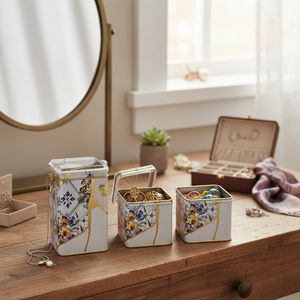75x100x150 mm Rectangular Metal Box set (Set of 3 ) <b>Wire</b> Clasp and Transparent Lid Kintsugi Gold vein <b>Flower</b> Kint Sugi Design - Product Image 3