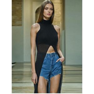 OUDINA Slim Sexy tricot <span class=keywords><strong>pull</strong></span> col haut <span class=keywords><strong>sans</strong></span> manches fendu chandails pour femmes solide décontracté femmes chandails - Product Image 1