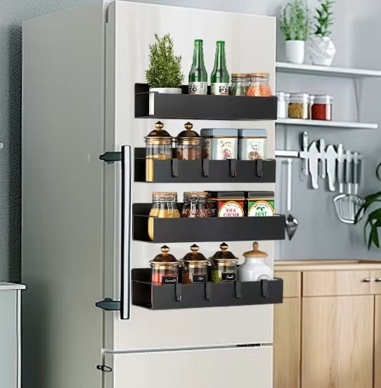 4 Pack Spice Rack Kitchen Moveable Magnetic Shelf Fridge Organizer with 4 Hooks Black Metal Storage Holders & Racks CLASSIC OEM