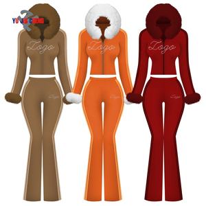 Felpa con Cappuccio in Ecopelliccia e <span class=keywords><strong>Pantaloni</strong></span> a Zampa con Strisce, Abbigliamento Femminile Personalizzato con Strass, Tuta Invernale in <span class=keywords><strong>Velluto</strong></span> Due Pezzi per Donne - Product Image 1