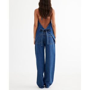 Conjunto de mezclilla Fisoew para mujer: Top sin espalda con botones y jeans de pierna ancha, conjunto de 2 piezas de algodón lavado a la piedra - Product Image 4