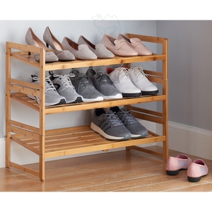 Natural Wooden <b>3</b>-<b>Tier</b> Expandable <b>Shoe</b> <b>Rack</b> with Stackable Function and Handle - Product Image 1