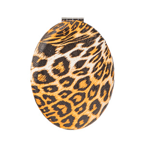 Leopard Print PU Leather Oval <b>Compact</b> <b>Mirror</b> Silver Electroplated Metal Frame Folding Dual Sided Pocket Makeup <b>Mirror</b> Bulk - Product Image 2