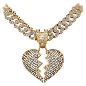 Collar con Colgante de Corazón Roto Estilo Hip Hop Icy Bling, Cadena Cubana de Latón Chapado en Oro con Eslabones de Zirconia para Fiesta - Product Image 1