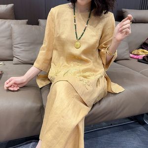 Solid Color Embroidery Three Quarter Sleeve Top Women's Suit Summer New Chinese Style Wide Leg Pants Two Piece Set - Product Image 1