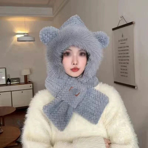 Coupe-vent chaud doux mignon oreilles d'ours en peluche chapeau écharpe mitaines vague motif oreille chapeau pour la protection hiver sweat à capuche chapeau écharpe - Product Image 4