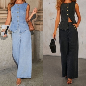 Nouvel ensemble en jean 2 pièces pour femme : gilet sans manches boutonné et jean large tendance - Product Image 2