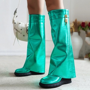 Big Size 48 Women Round Toe Overlay Wedge Heels Shoes Bright Metallic Lock Shark Booties Cowgirls Thick Soles Knee High <b>Boots</b> - Product Image 2