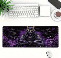 Tapis de souris de jeu Samurai, grand format, violet et noir, tapis de souris de jeu étendu avec motif de temple japonais, bord cousu, base antidérapante
