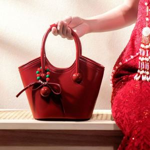 Cherry Love Custom Red PU Handheld Tote <b>Bag</b> <b>Pearl</b> Beaded Handbag Large Capacity Grocery Basket Versatile Shoulder Crossbody - Product Image 3