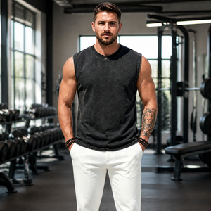 Débardeurs de musculation pour hommes personnalisés OEM, en coton épais 8023, style vintage délavé, sans manches, vente en gros - Product Image 2