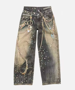 Jeans en denim gris vintage à jambes larges pour femmes, style baggy, effet usé, avec chaînes, streetwear, jeans en denim pour femmes - Product Image 4