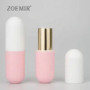 Lipstik wadah putih dan emas, merah muda mewah wadah pil bentuk kapsul lipstik tabung penutup magnetik
