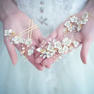Bridal Wedding Hair Clips Wedding Bridal Hair Pin Pearl Ceramics Flower Crystal Hair Pins Clips Bridesmaid Head Jewelry Hair Accessories