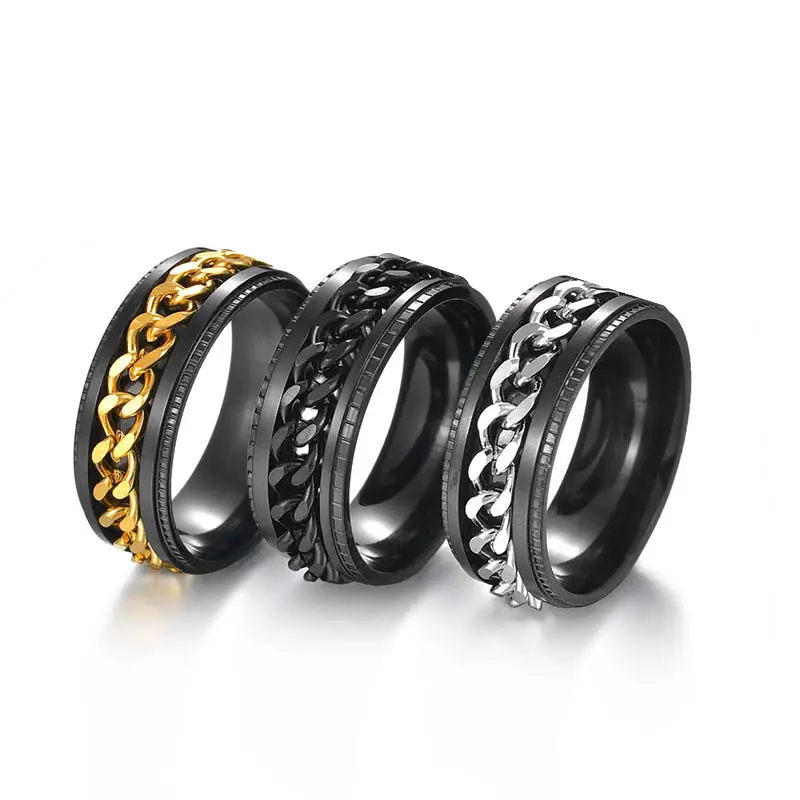 Titanium Stainless Steel Chain Spinner Ring For Men Blue Gold Black Punk Rock Rings Accessories Jewelry Gift