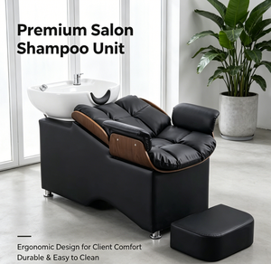 Poltrona Ergonomica per Lavaggio Capelli con Poggiapiedi, in Pelle PU, Lavabo in Ceramica, Lettino per Parrucchiere, Arredamento per Salone di Bellezza e Spa - Product Image 1