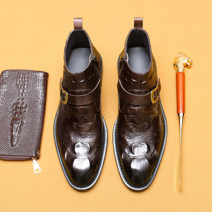 Men's leather crocodile print trendy business formal dress British <b>pointed</b>-toe zipper high-top shoes - Product Image 2