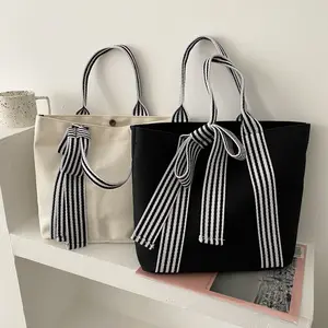 Top Kwaliteit Mode Grote Capaciteit Schoudertas Vrouwen Dagelijks Canvas Tote Shopping Handtas Met Gestreepte Boog Handvat