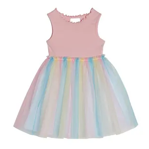 Boutique fashion design girls one piece summer sleeveless party dress rainbow color cotton and tulle beautiful girls' dresses