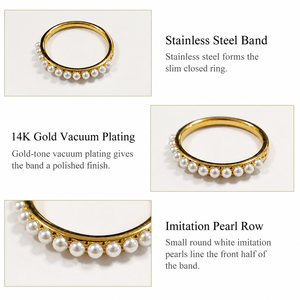 Pearl Accent Band <b>Ring</b> Stainless <b>Steel</b> 14K Gold Vacuum Plated Imitation Pearl Half-Row <b>Ring</b> 21.1 mm - Product Image 4