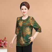Kaus Wanita Lengan setengah motif, 2022 grosir Wanita Ibu kaus motif leher O kancing Senior wanita musim panas atasan kasual ukuran besar