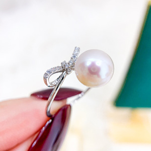S925 Silver DIY Jewelry Accessory Empty Ring <b>Holder</b> with 7-9mm Round Beads 1959 <b>Bow</b> Design for Loose Pearls - Product Image 1