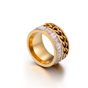 Fashion <b>Men</b> Women Rotating Curb Chain Finger <b>Ring</b> 18K Gold‑Plated & Silver‑Tone Baguette Zircon Inlay <b>Stainless</b> <b>Steel</b> Party - Product Image 1