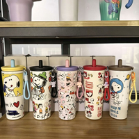 Gobelet isotherme Snoopys en acier inoxydable 304 avec paille et sangle de transport, grande capacité, pour eau froide et café