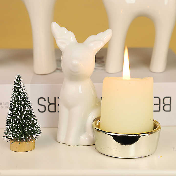 Sculpture Tabletop Ornaments Cute Deer Candlestick Porcelain Christmas Ceramic Reindeer Figurines