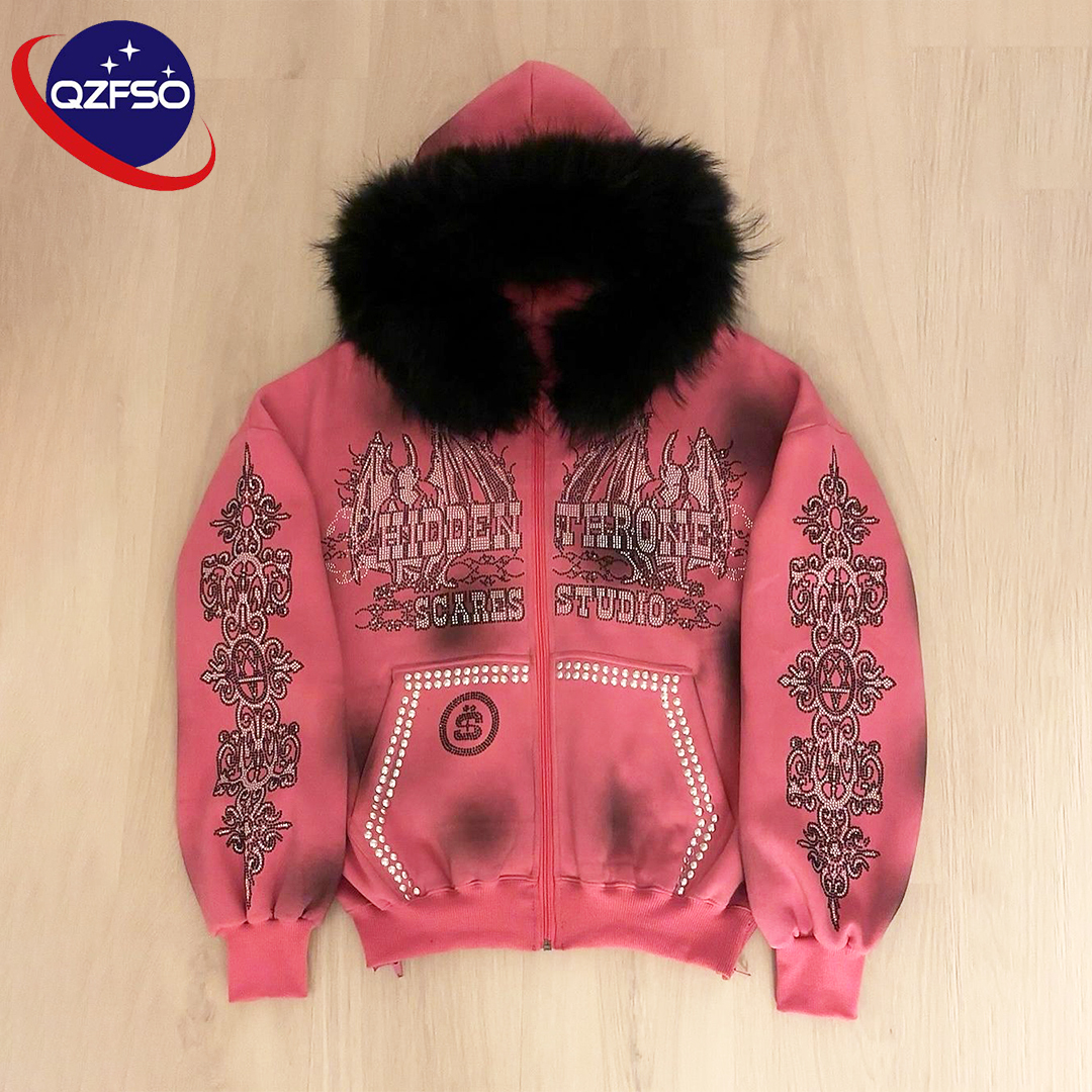 QZFSO White Fox Embroidery Tag Custom Logo Full Zip up 400 Gsm