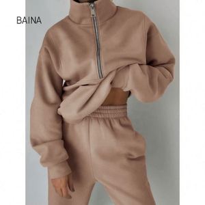 In Stock Leisure <b>Suit</b> Fleece Sweatshirt Solid Colors Half <b>Body</b> Zipper Fall Women's Casual Sport Sets - Product Image 4