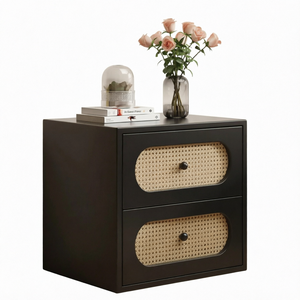 Delanto Italian <b>Minimalist</b> Wooden <b>Bedside</b> <b>Table</b> with 2 Drawers-Modern Cream Black Leather for Apartment & Hotel Use - Product Image 1