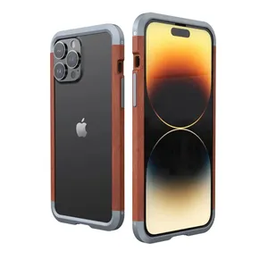 R-JUST Cross Border Opengewerkte Ontwerp Cover Voor Iphone 15 15pro 14pro Metalen Massief Houten Bezel Case Voor Iphone 15Promax Telefoon Case