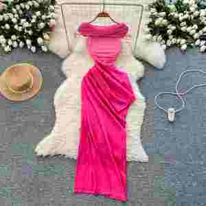 Vestido midi plisado de satén transpirable con cuello vuelto y abertura, estilo túnica, para mujer, con patchwork de malla y corte imperio, ideal para verano. - Product Image 1