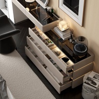 Table de maquillage minimaliste italienne en bois avec miroir, tiroirs intégrés et éclairage d'ambiance - Rangement de chevet pour chambre à coucher