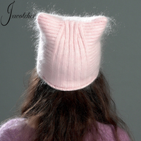 Jxwatcher Vente en gros Bonnet en laine tricoté de luxe avec logo personnalisé pour femme, doux, chaud, hiver, mignon, oreilles de chat, bonnet en mohair duveteux
