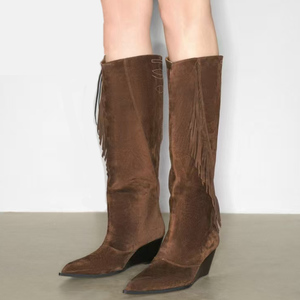 New Style Winter Western <b>High</b> Wedge Heels Side Tassels Suede Pointed Toe Long Boots Women's Flock Fringes <b>Knee</b> <b>High</b> Booties - Product Image 3
